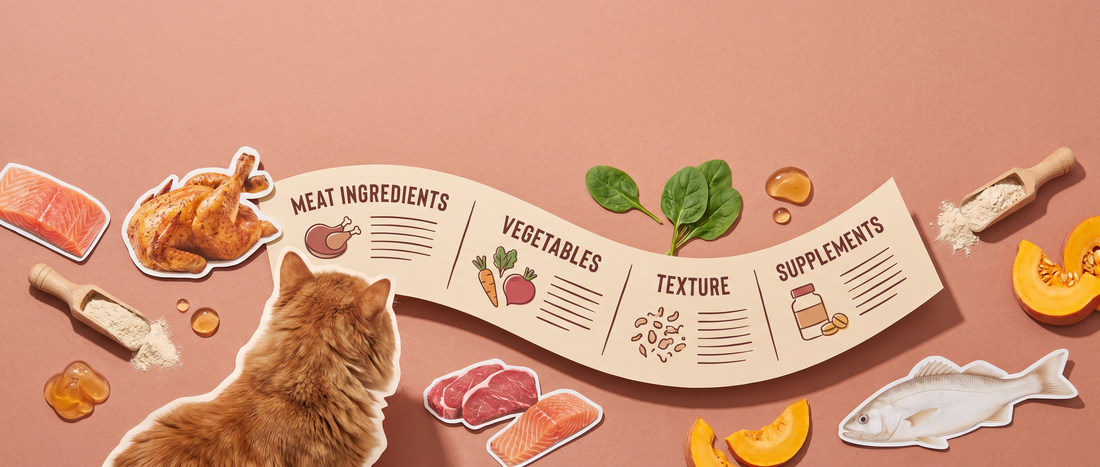 Cat looking at a long cat food ingredient label surrounded by meat, vegetables, and supplement ingredients.