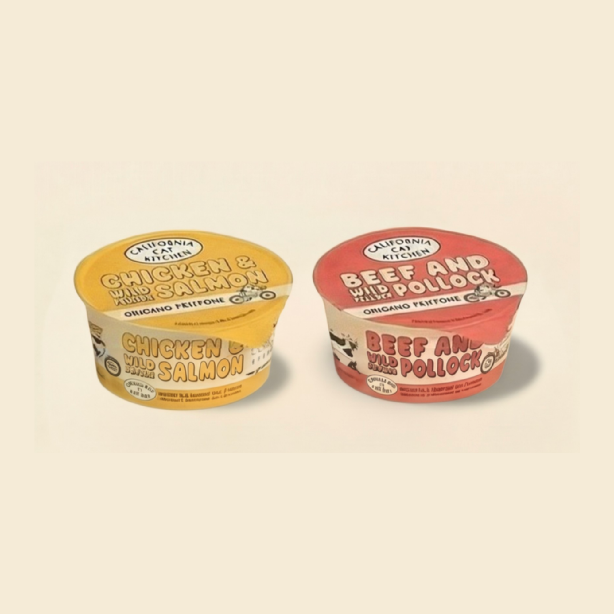 Two containers of cat food, one labeled 'Chicken & Wild Salmon' and the other 'Beef & Wild Pollock', on a beige background.