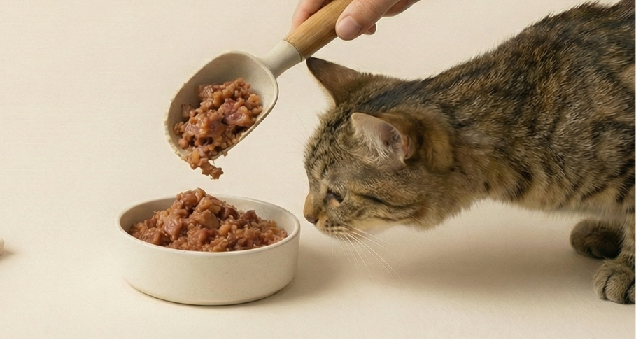 Cat being fed from a bowl with a scoop of food