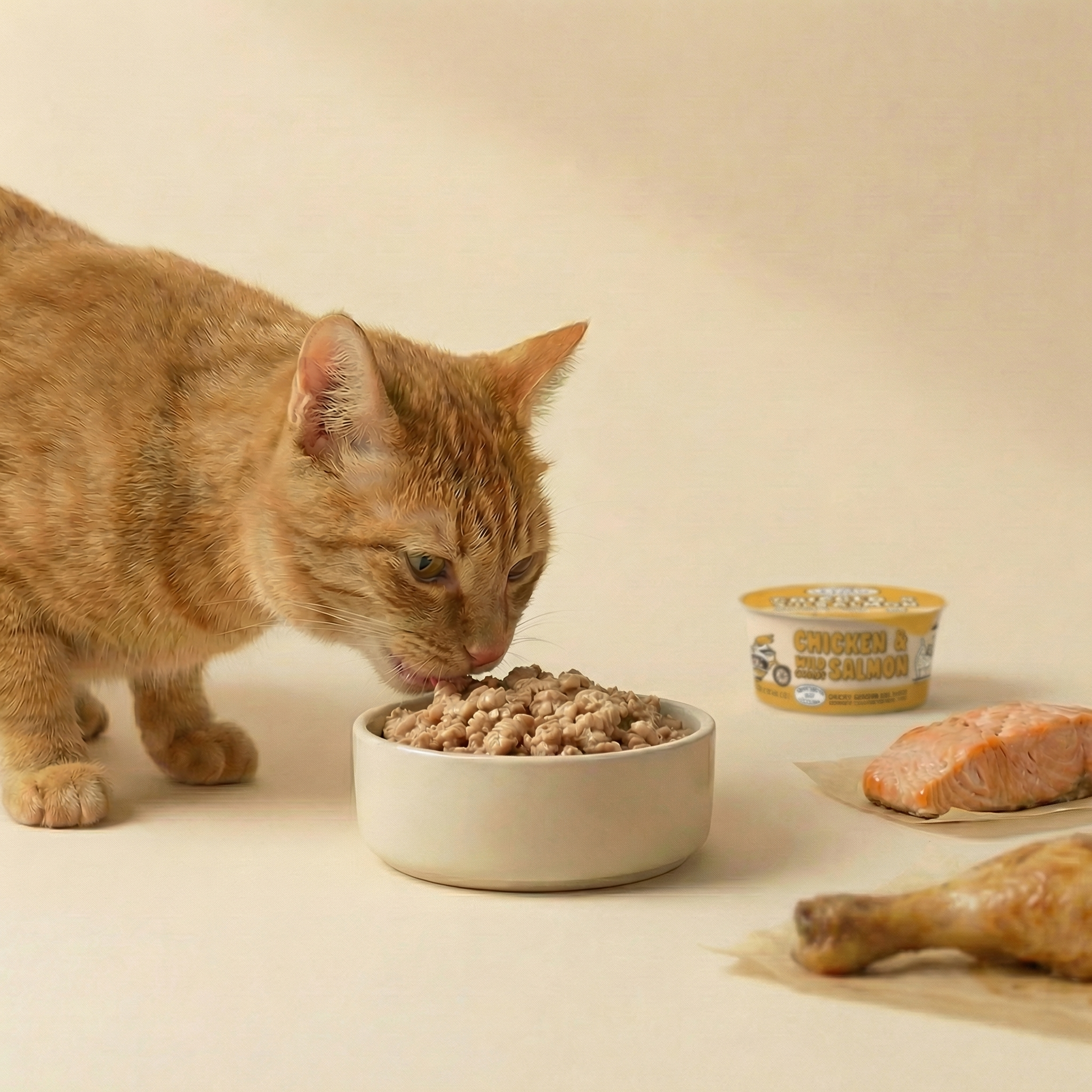 Cat eating fresh cat food with cooked chicken and cooked salmon next to the bowl