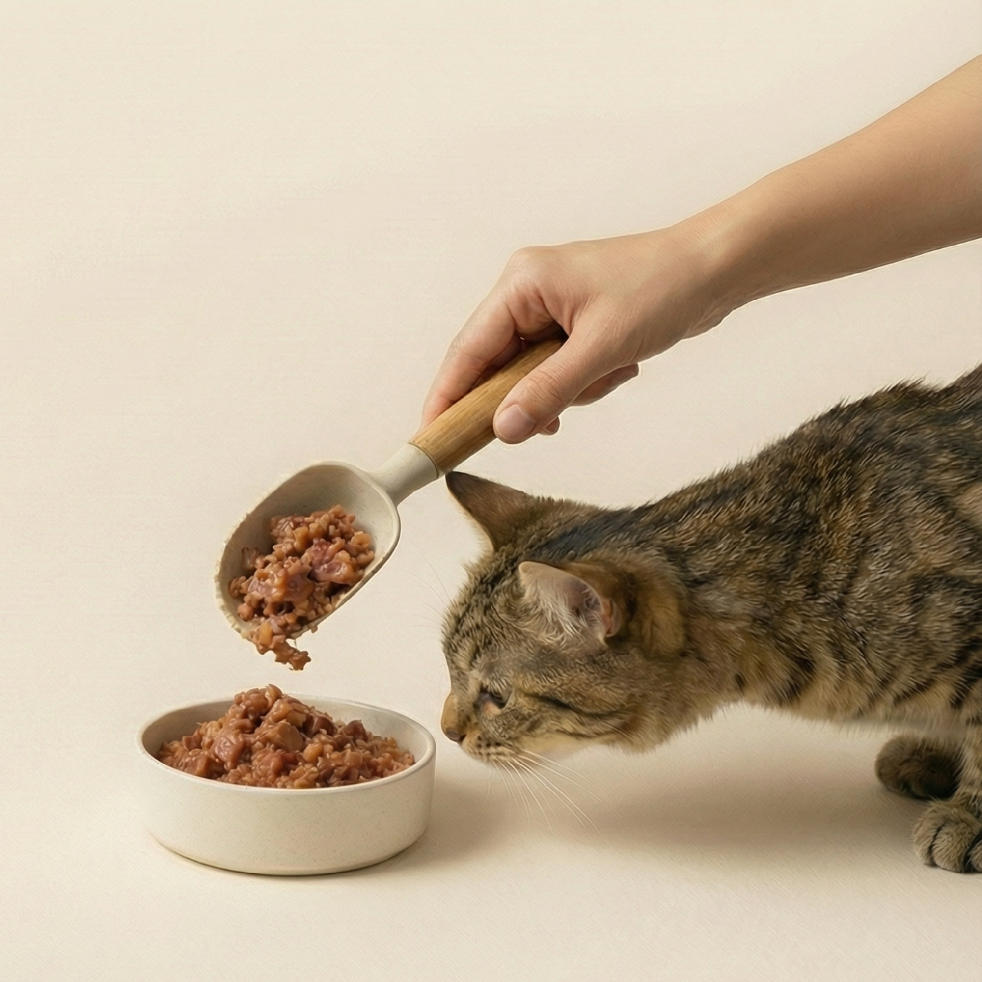 Person feeding a cat from a bowl with a scoop on a beige background