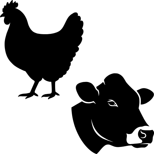 black icon style drawing featuring a chicken and a cow head