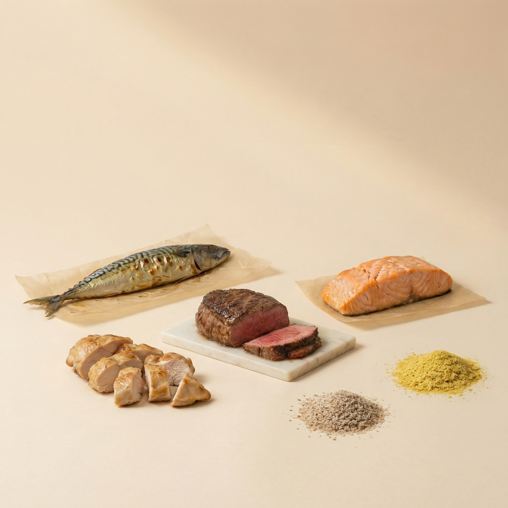 Assorted meats and fish on a beige studio background
