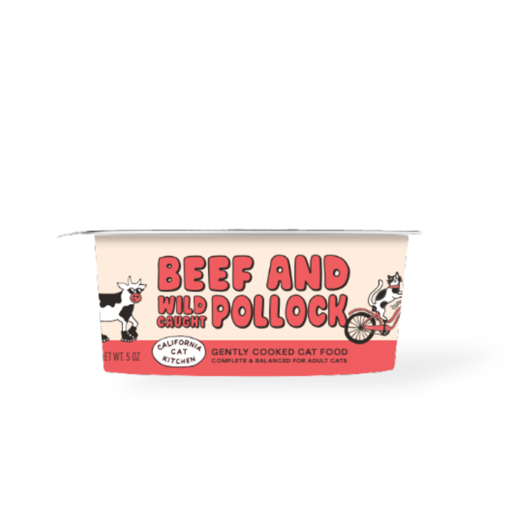 Cat food cup labeled Beef and Wild Pollock, gently cooked
