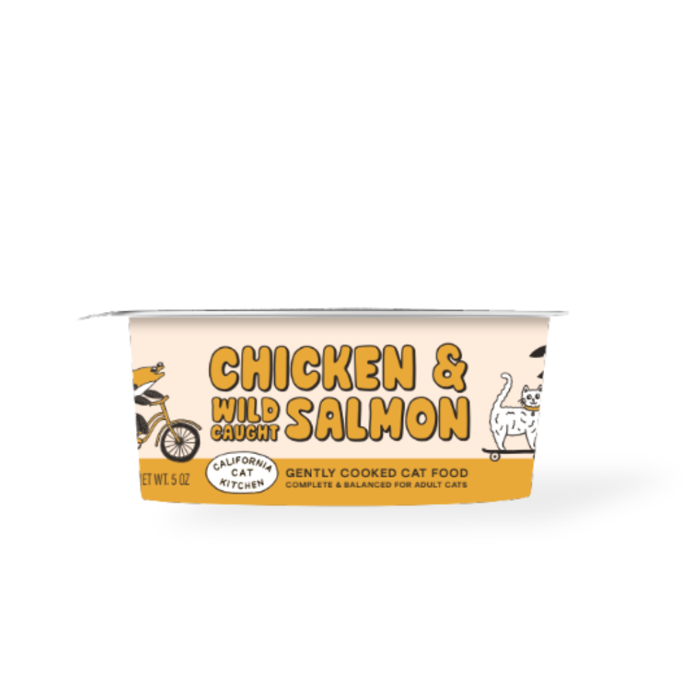 Cat food cup labeled Chicken and Wild Salmon, gently cooked