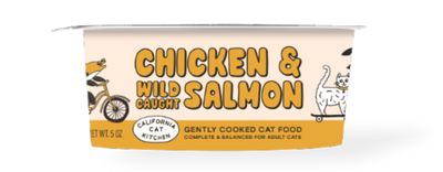 Cat food container with 'Chicken & Wild Salmon' text on a transparent background